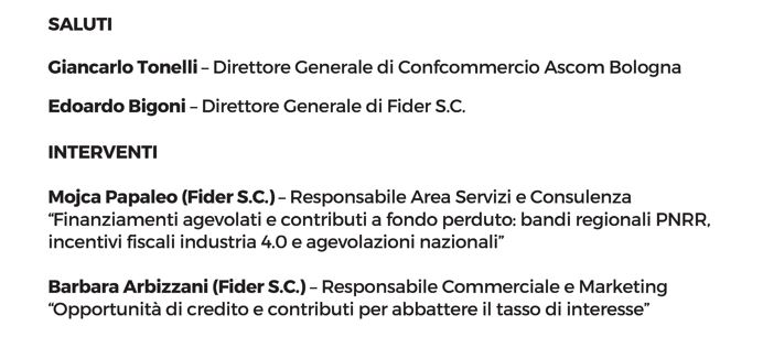 "Opportunità di credito e strumenti agevolativi" - Convegno a cura di Fider SC e Confcommercio Ascom Bologna